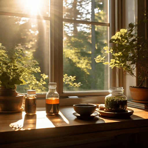 Morning sunlight on a table with NTRY supplement pot and bowl