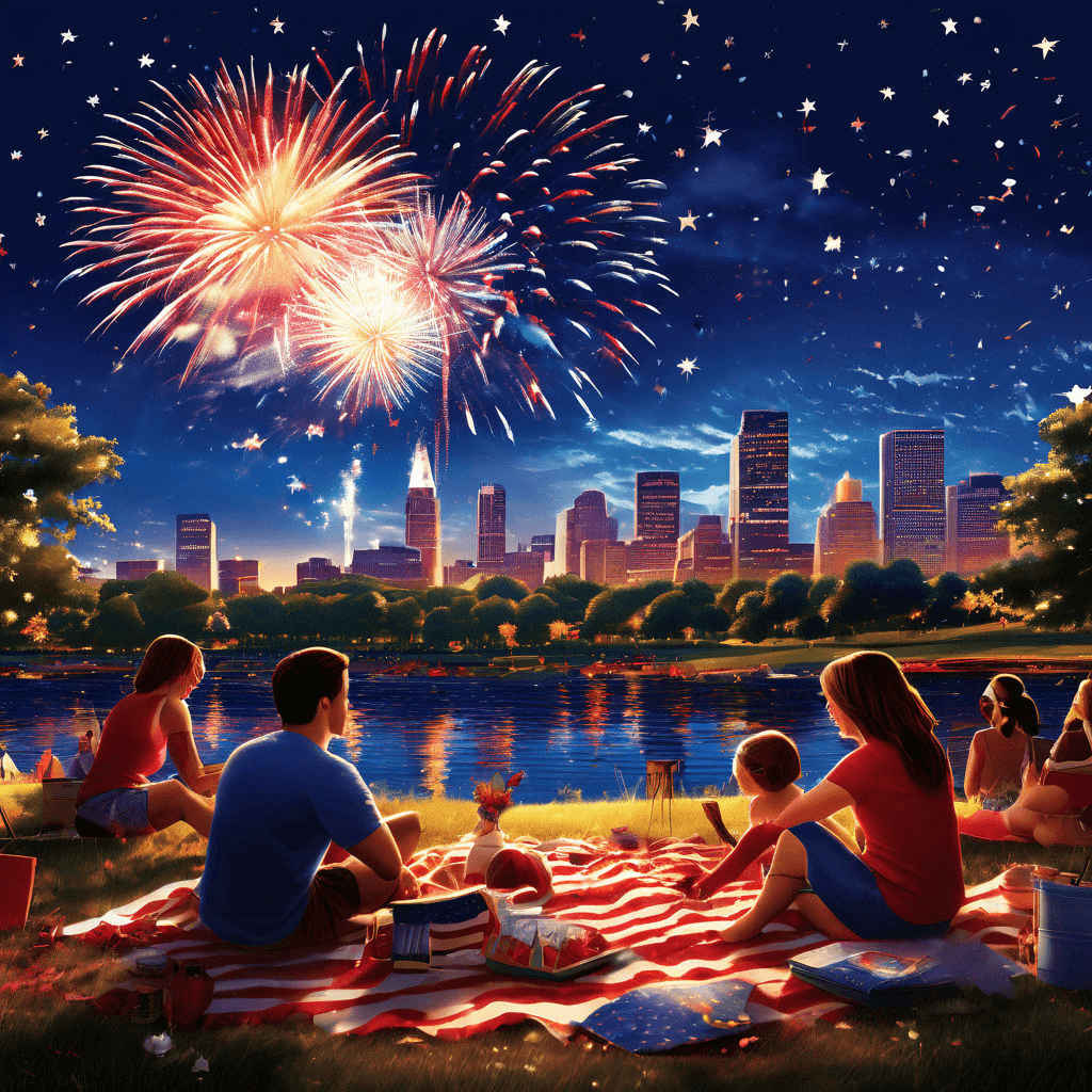 People celebrating the 4th of July outdoors with flags, fireworks, and festive decorations, highlighting well-being and togetherness.