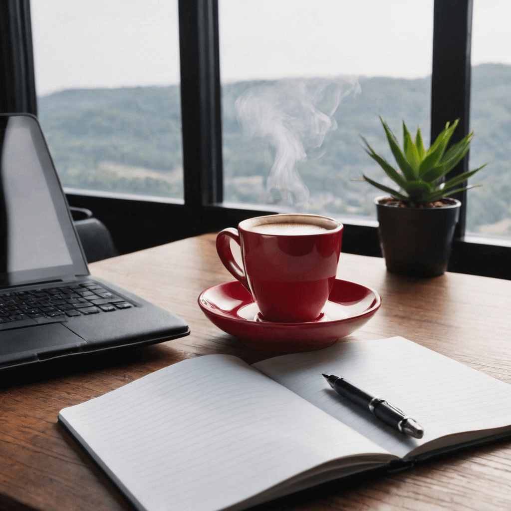 A steaming cup of coffee on a desk with a notebook and pen, symbolizing caffeine’s cognitive benefits.